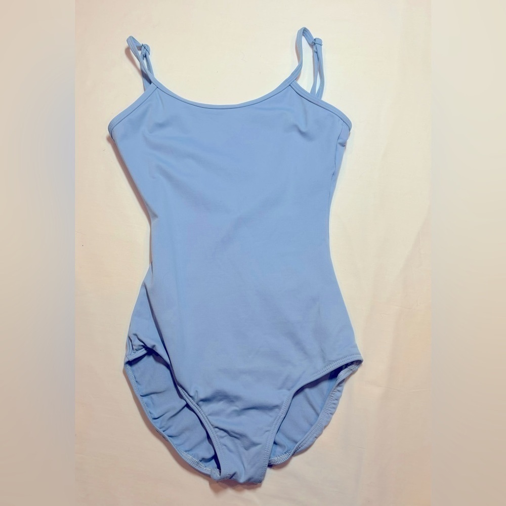 EUROTARD classic light blue leotard adjustable straps, v-back, full lining. Sm.